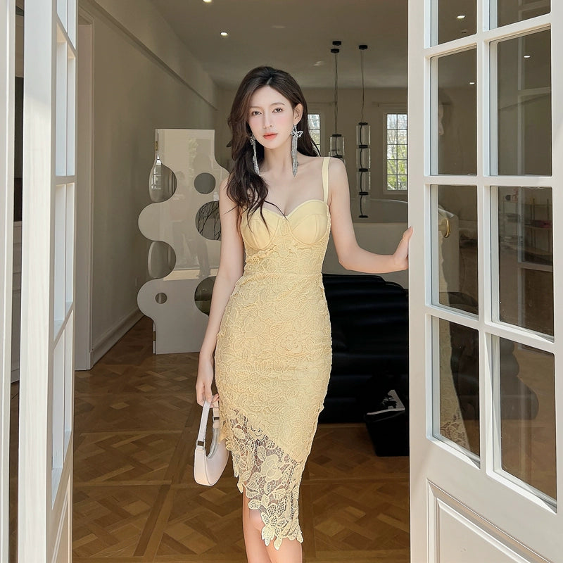 luxury yellow dress DOLLY Luxury Yellow V-Neck Sleeveless Slim Fit Lace Suspender Dress-TANYA M / White