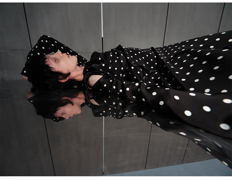 MAYALI Fall/Winter ribbon Asymmetric Off-the-Shoulder Long-sleeved Midi Polka-dot Dress - Daailo