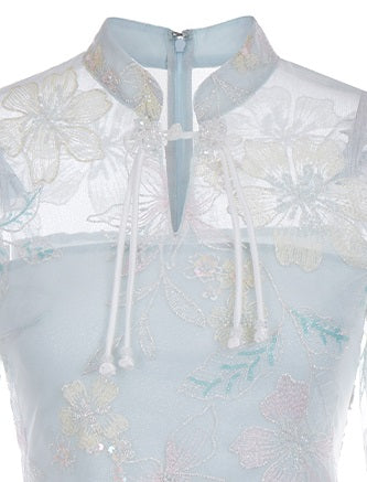 Wardrobes by Chen Elegant Blue Sheer Short Sleeve Short Chinese Dress-Fave