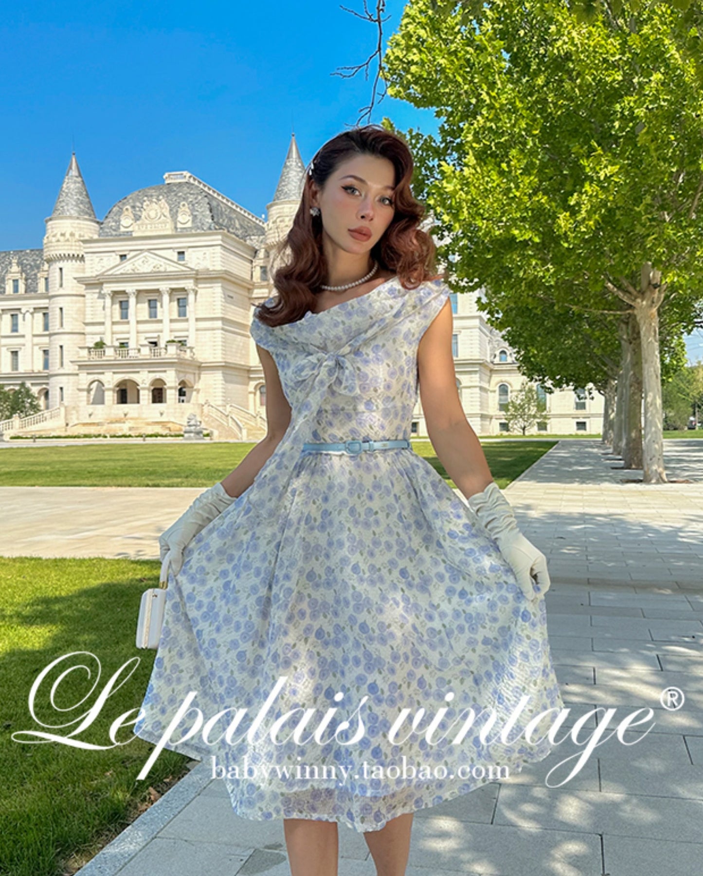 Le Palais Vintage elegant blue floral shawl collar chiffon dress-DIDI