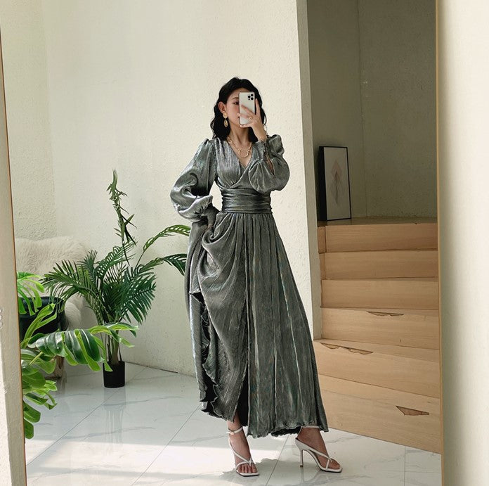 DOLLY Elegant Retro Gold Deep V-Neck Long Puff Sleeve Long Slit Award Dress-HUGO