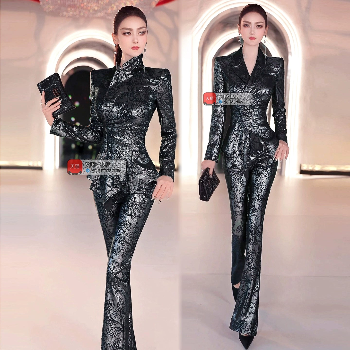 VJE Embroidered Suit Flared Pants Two-Piece Pleated Suit-MARY.