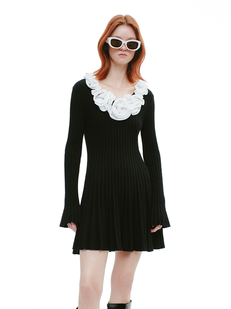 YES BY YESIR Ballet Flower Knit Short Dress - PRESS. Black / S