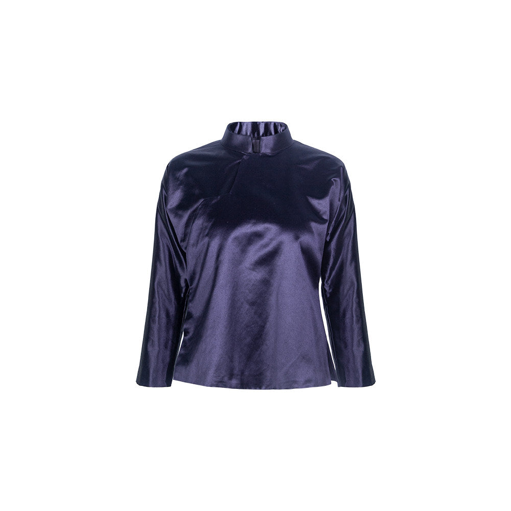 TUYUE Ancient Tailoring Silk Satin Dark Blue Pipa Placket Robe Dress Top- CATHERINE.