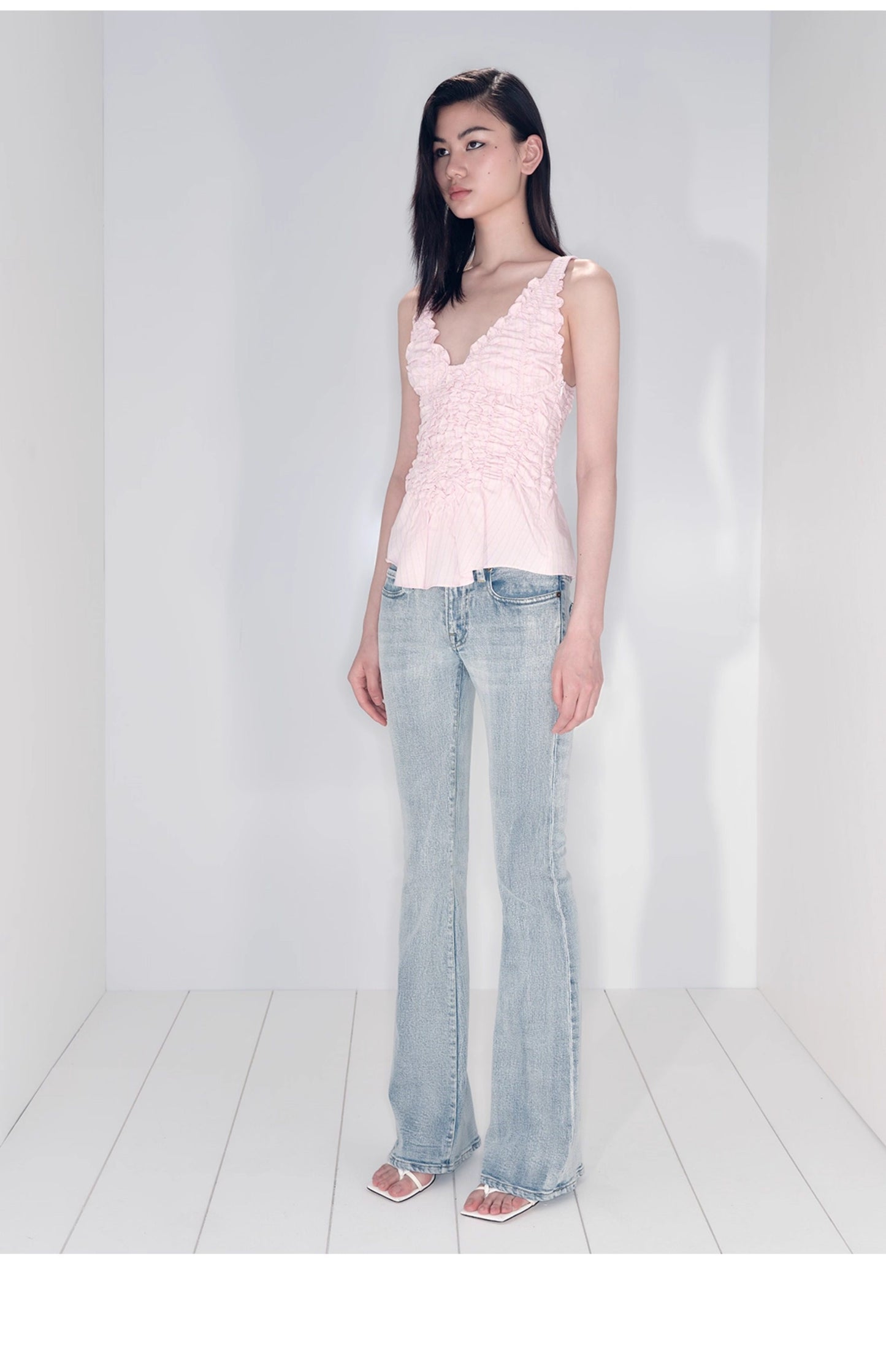 SHOWROOMPLUS Sweet Suspender Temperament V-Neck Pleated Sleeveless Top-RODRI '
