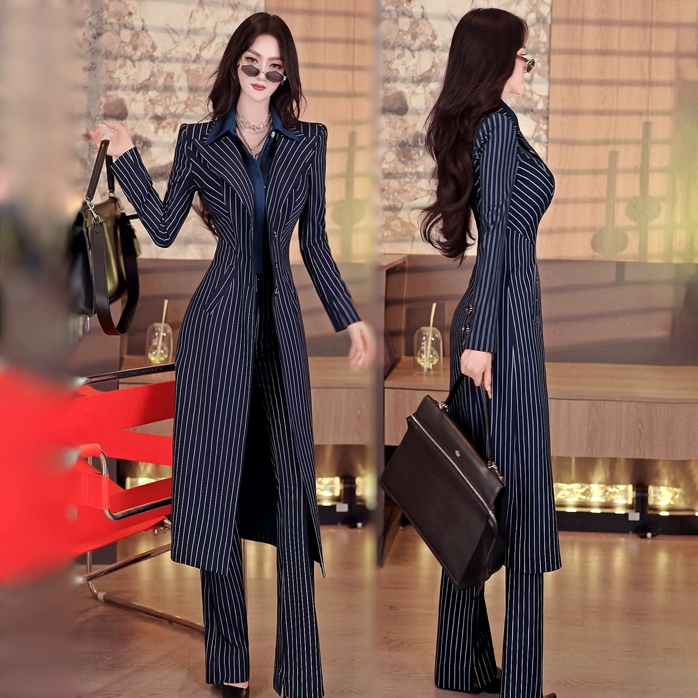 VJE Striped Trench Coat Flared Pants Two-Piece Set-NICH.