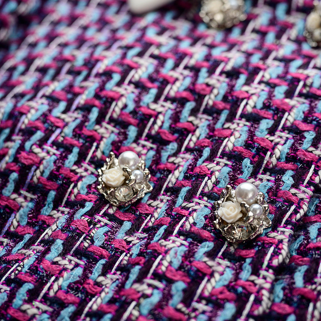 YES BY YESIR grid plaid tweed pattern jacket and skirt suit set - Grape.