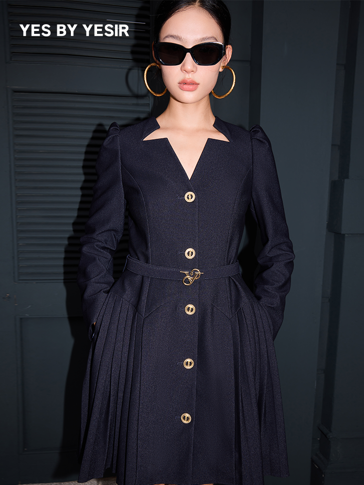 Yes by YESIR Pleated Long Sleeve Midi Denim Dress