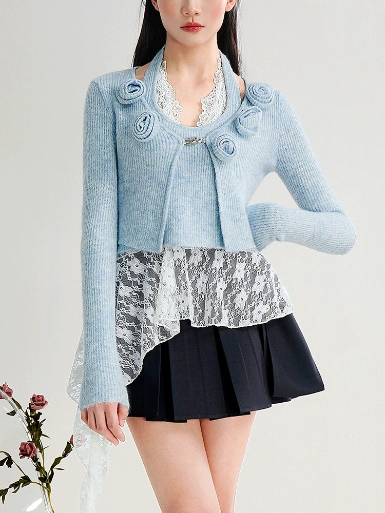 CHECOCRE Cute Three-dimensional Flower Blue Cardigan - ERICA