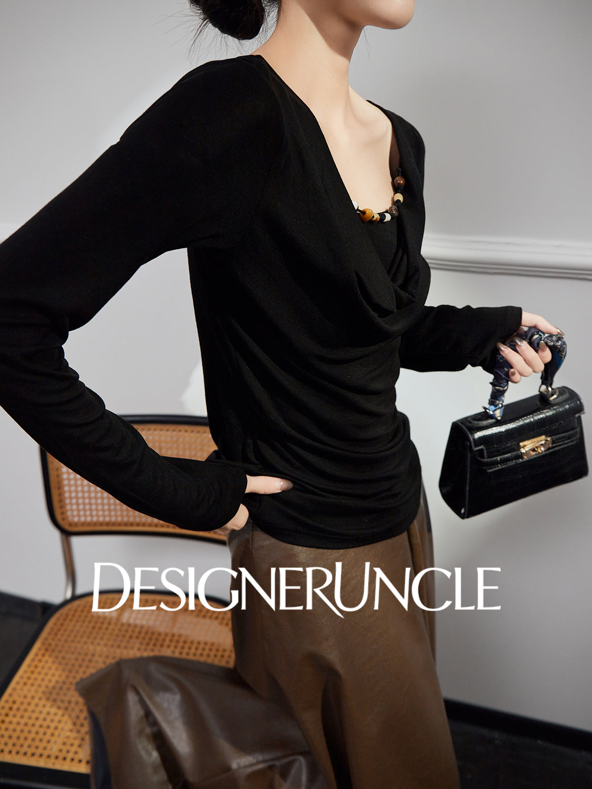 DGU|Black Knitted Drape V-Neck Top and brown pleater skirt- WAVES.