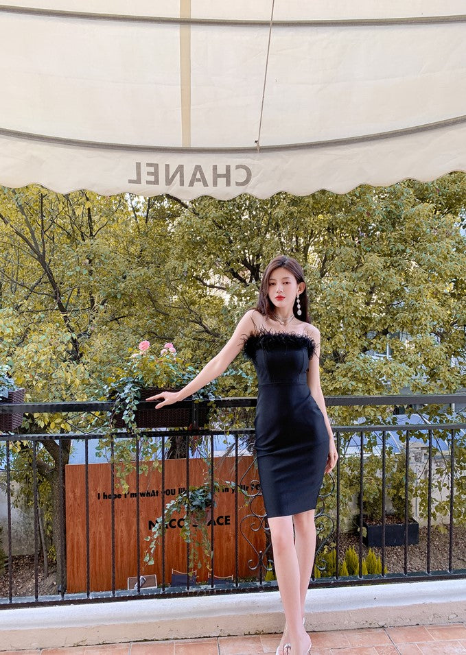 DOLLY Elegant Off Shoulder Feather Tube Top Slim Fit Dinner Date Dress-NANA