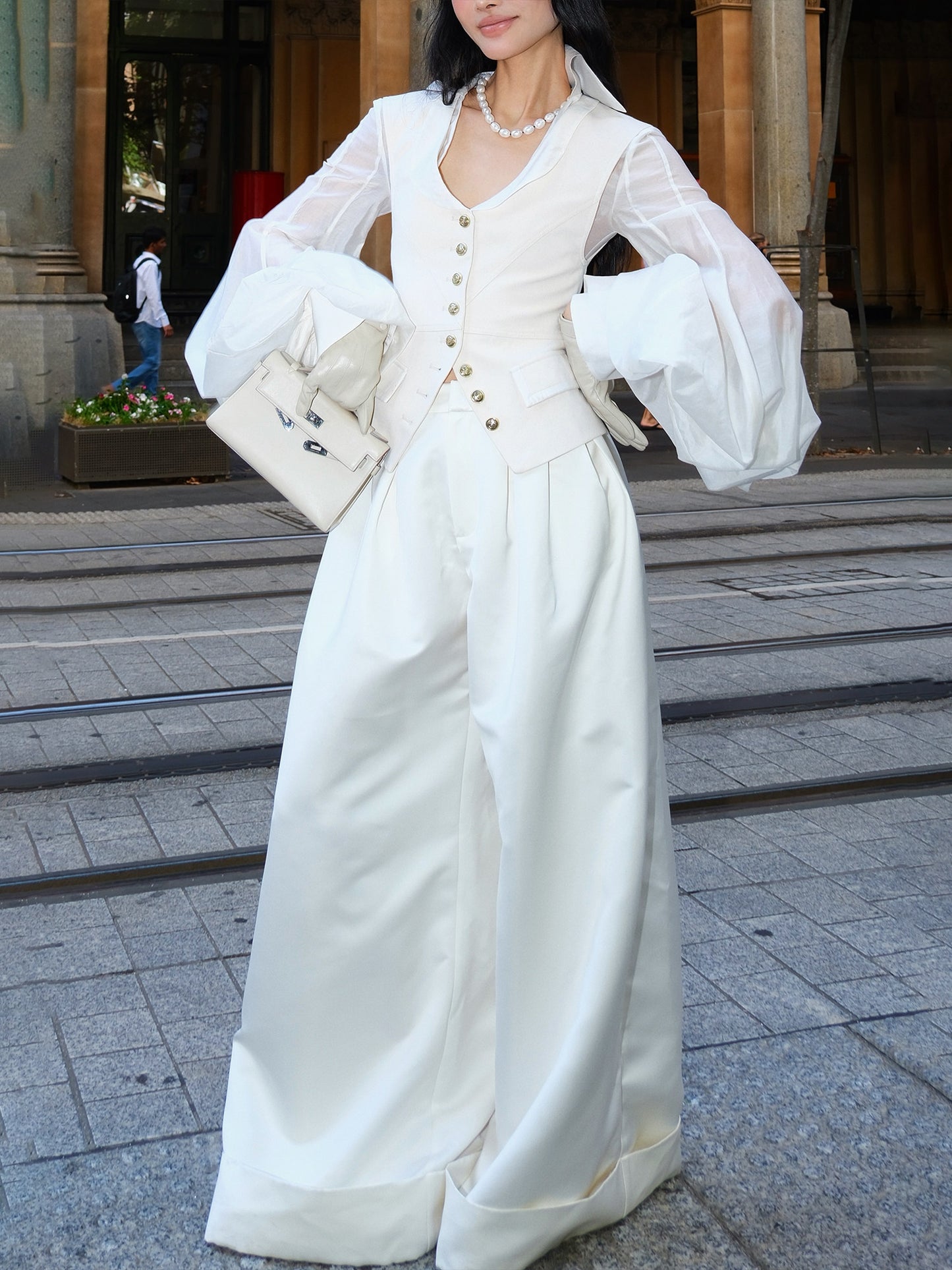 MEI SANGUAN Beige Layered Jacket & Wide-Leg Slacks Suit - YASMIN