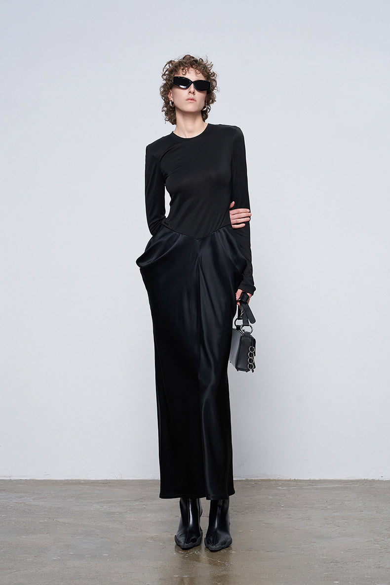 ANNAKIKI designer black acetate panel slim long-sleeved dress-JASMINE