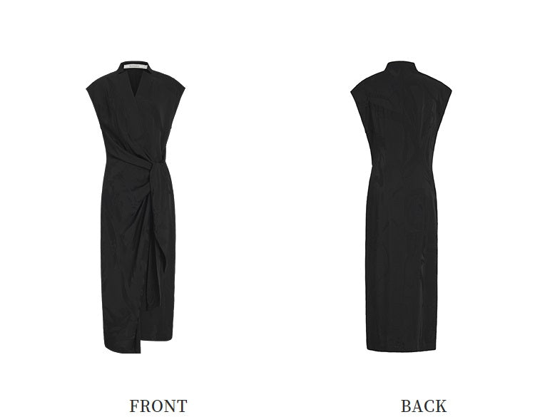 ZHUCHONGYUN sleeveless jacquard wrap-style front ruched waist slit hem Dress-DEWIE.