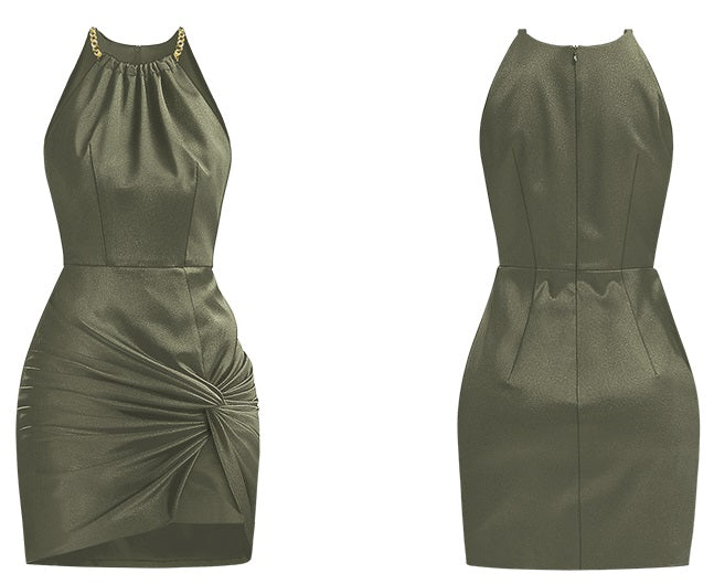 CHECOCRE Summer Chain Round Neck Asymmetrical Twist Army Green Hip Dress - STEPHAN.
