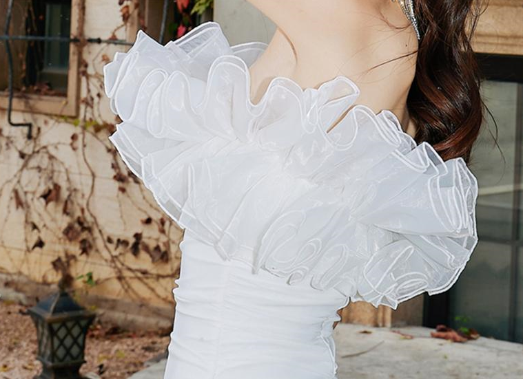 DOLLY Elegant White French Style Ruffled Off Shoulder Short Birthday Dress-AMA