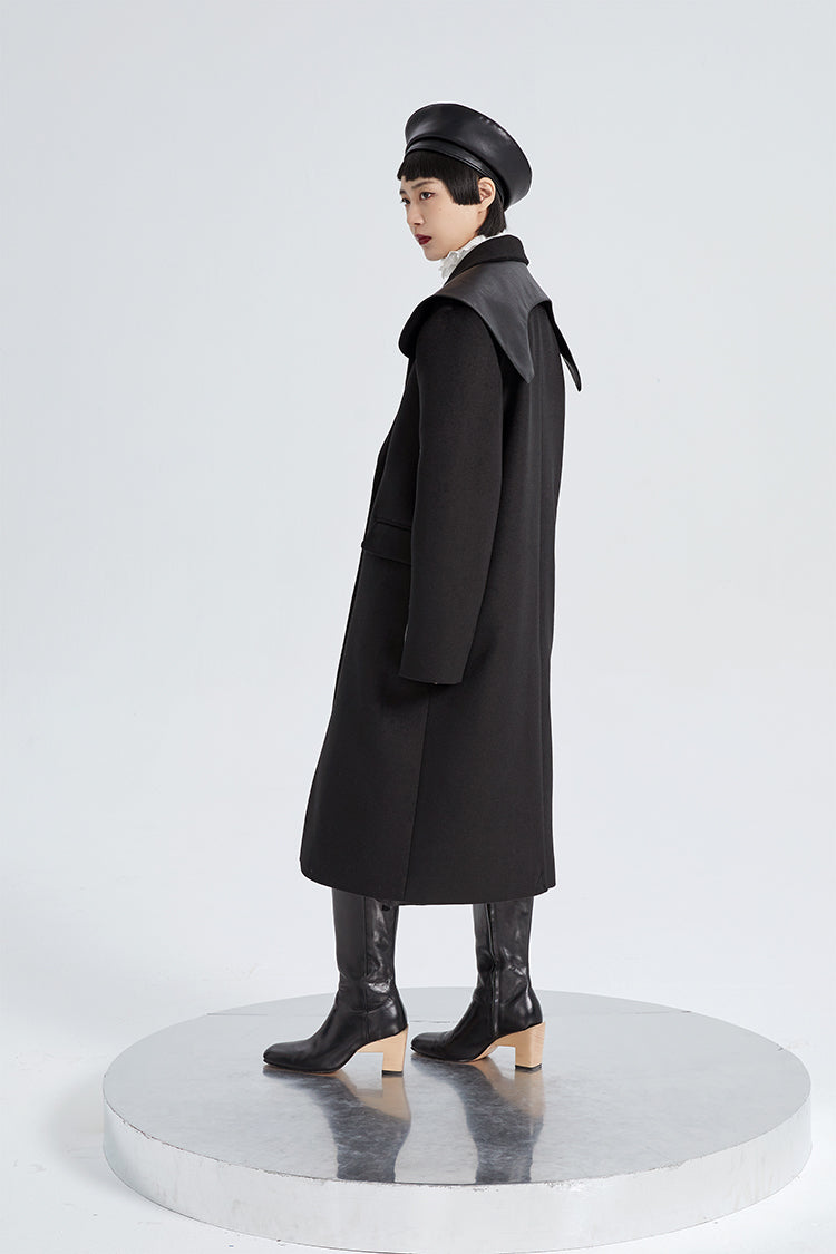 TINY IN long over-the-knee tweed coat jacket suit collar shawl detachable black coat-KEKE