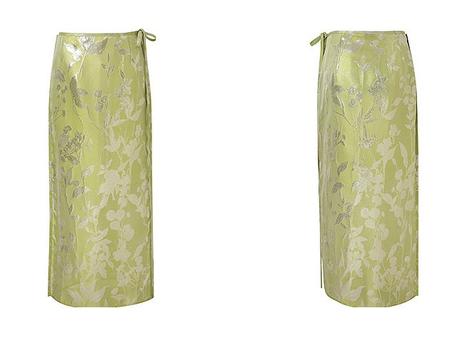 ZHUCHONGYUN green mercerized straight slit long skirt-TANJI.