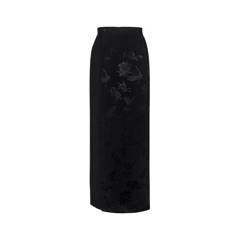 TUYUE Chinese Style Black Slim Satin Woven H-Shaped Skirt- XENA.