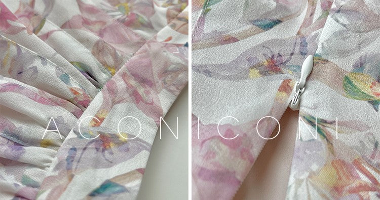 Aconiconi High end designer printed ruffle top shirt/ A-line skirt suit - Hyacinth