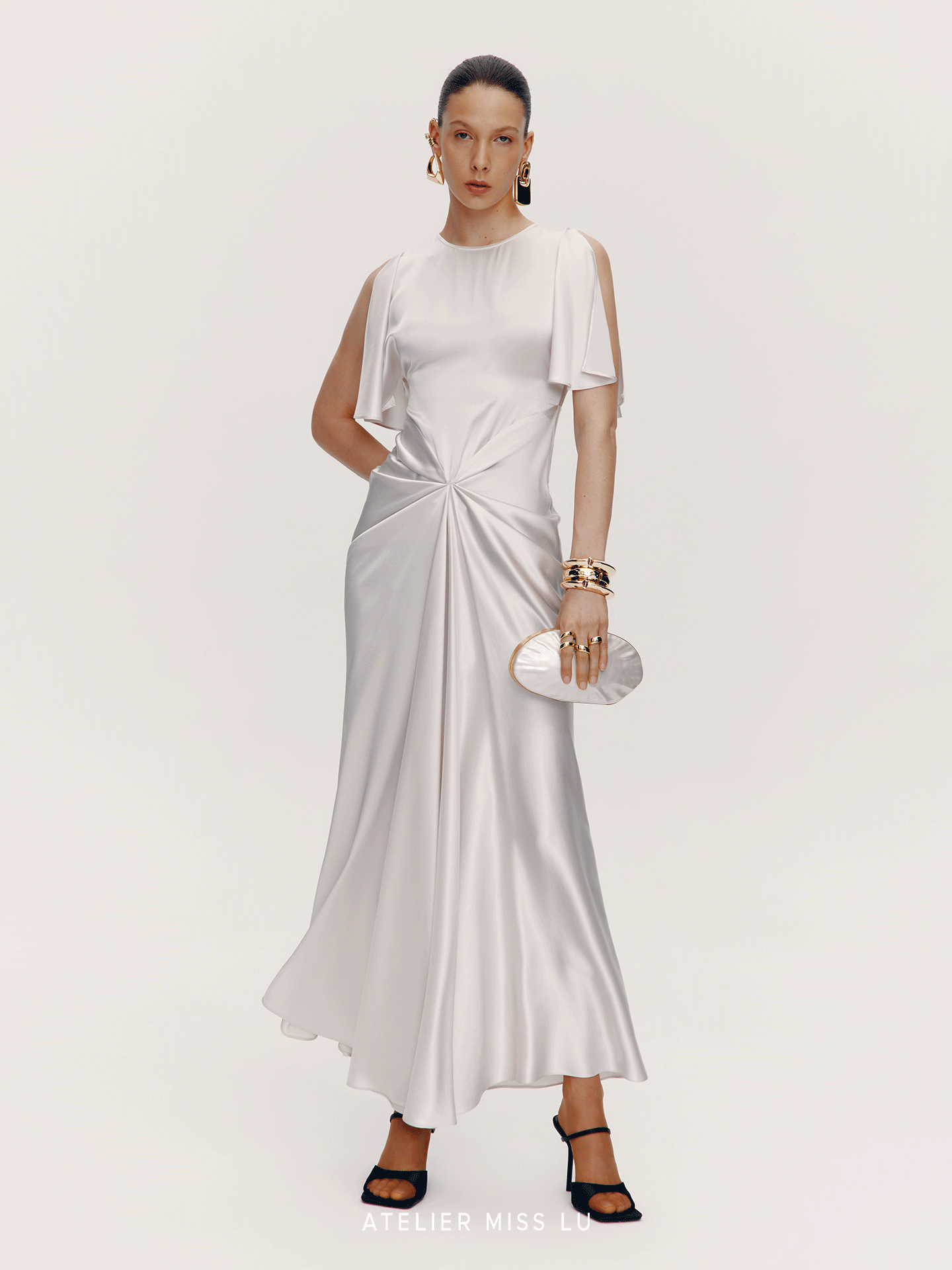 ATELIER MISS LU Draped Acetate Blend Flowing Sleeve Dress - ICING