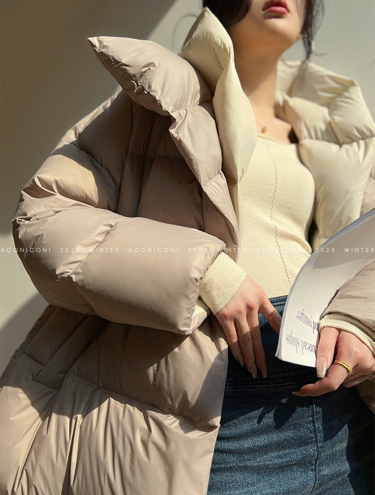 Aconiconi Luxury Duck Down Loose Beige Long Winter Jacket Coat- Almond Croissant
