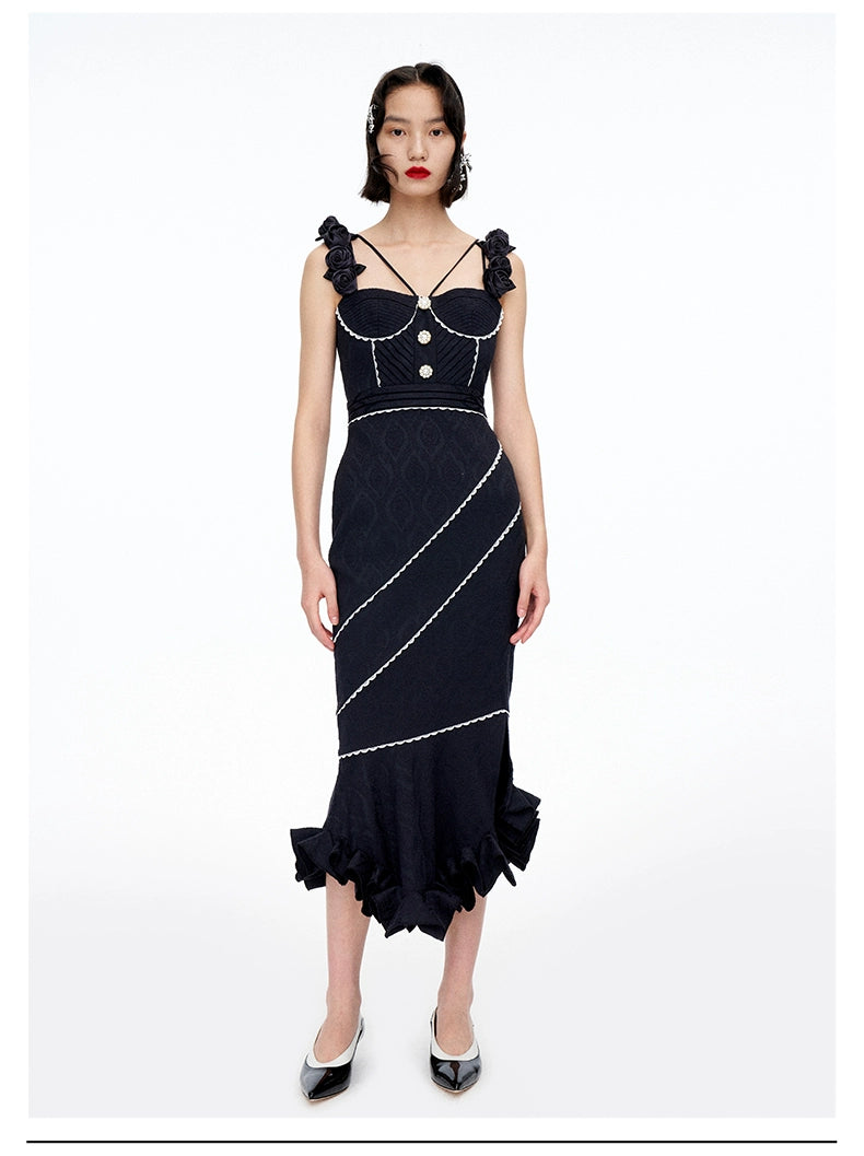 Elegant lace hand-decorated floral slim fishtail lbd Black dress - Kate XS / Black Elegant lace hand-decorated floral slim fishtail lbd Black dress - Kate XS / Black