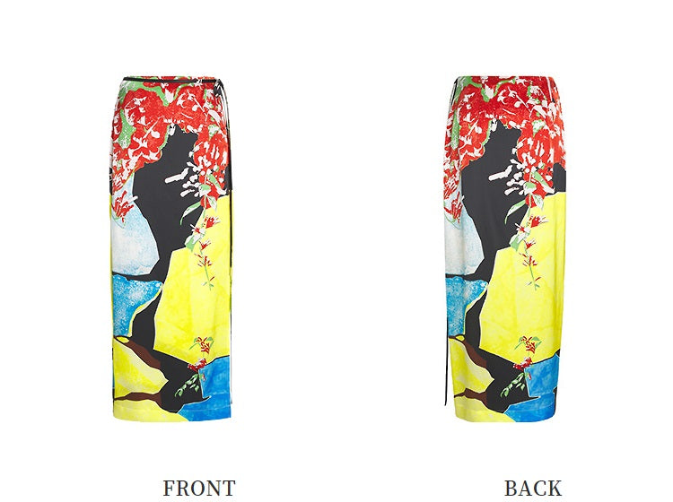 ZHUCHONGYUN multicolor silk print straight skirt-SAM.