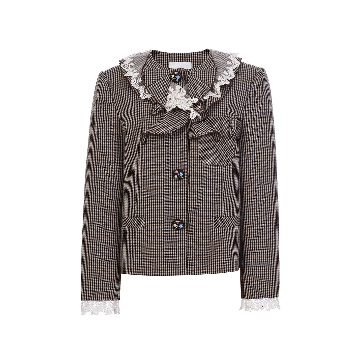 FAME Ruffled Lace Vintage Check Short Jacket Top - KYLA.