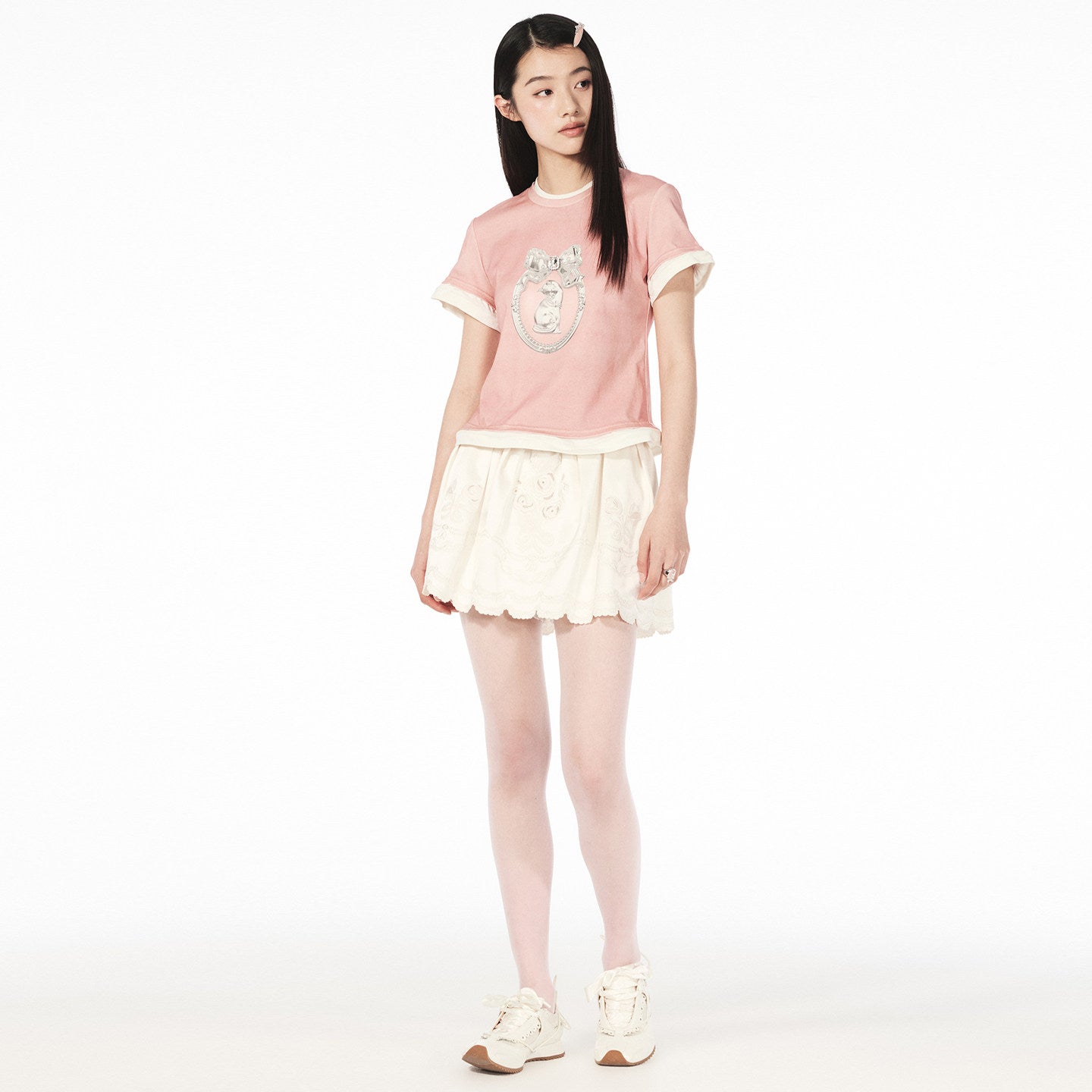 FAME crew neck faux two-piece cat print short-sleeved T-shirt - ALAN