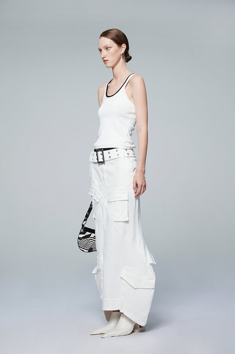 ANNAKIKI white geometric irregular split cargo skirt-MIKASA