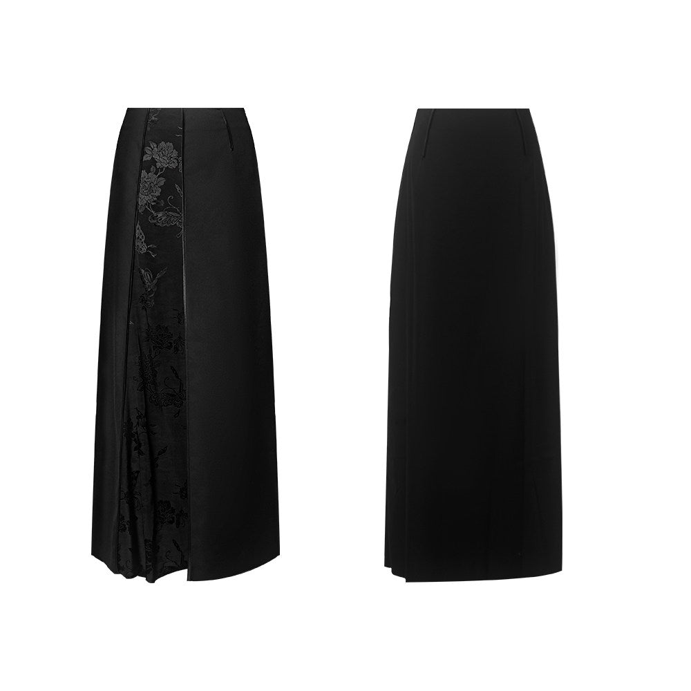 TUYUE Black Improved Horse Face Satin Woven Raw Edge Skirt- ASHLEY.