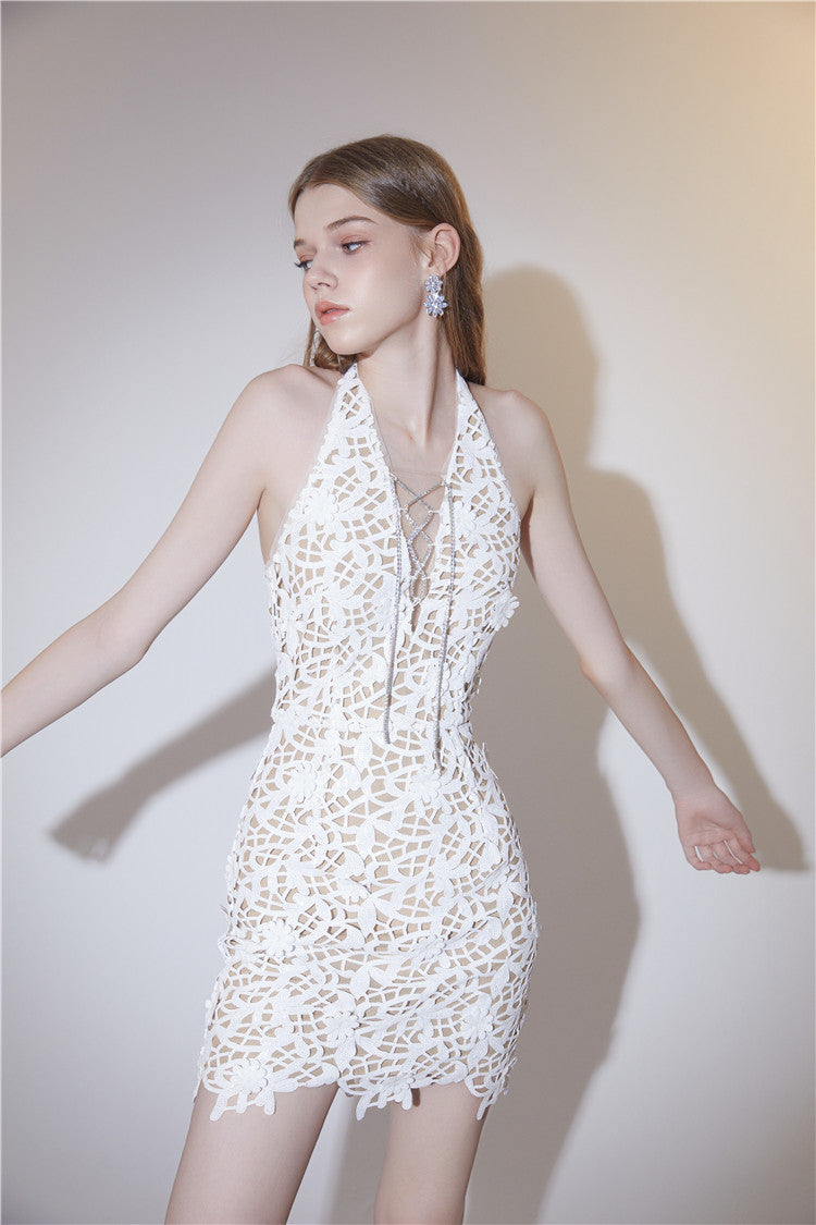 Wardrobes by Chen White bridal lace Halter Neck short Dress-LALA GOOD GIRL REBEL Wardrobes by Chen White bridal lace Halter Neck short Dress-LALA GOOD GIRL REBEL