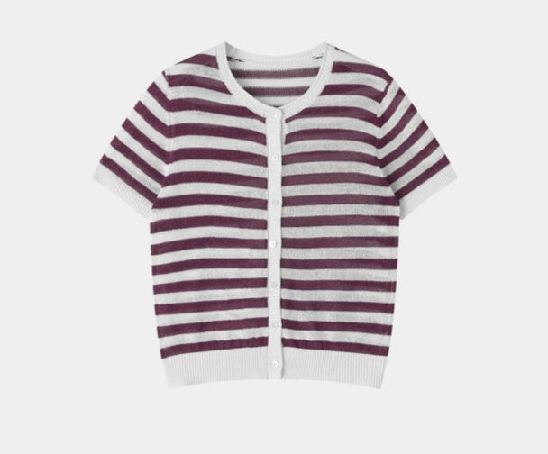 SUSHE light hollow texture striped short-sleeved knit sweater new stretch loose top -BESS