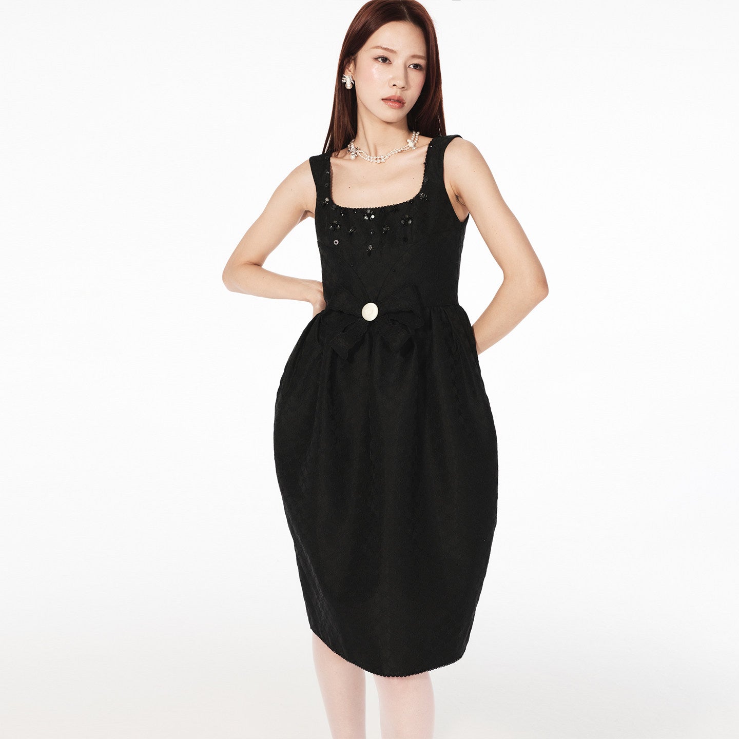 FAME Square Neck Bow Beaded Dress - LUCY