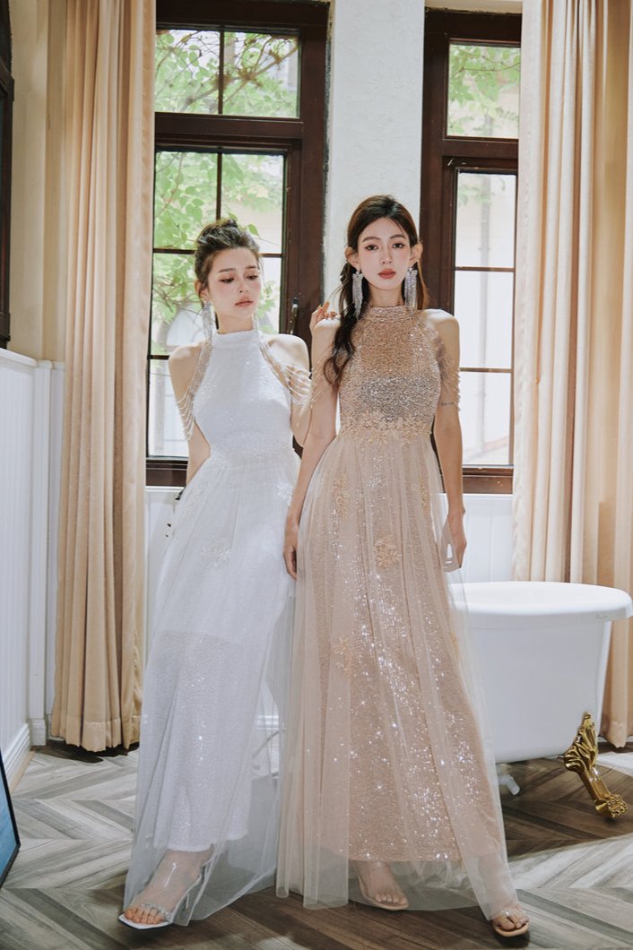 DOLLY Luxury Stand Collar Sleeveless Sequin Glitter Beads Long Nesh Cocktail Dress-SOPHIA