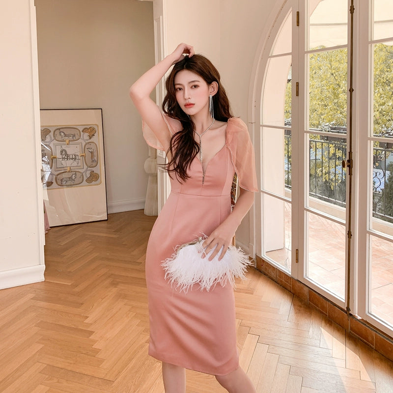 Dolly Elegant V-Neck Short Mesh Puff Sleeve High Waist Midi Luncheon Dress-CHILE M / Pink Dolly Elegant V-Neck Short Mesh Puff Sleeve High Waist Midi Luncheon Dress-CHILE M / Pink