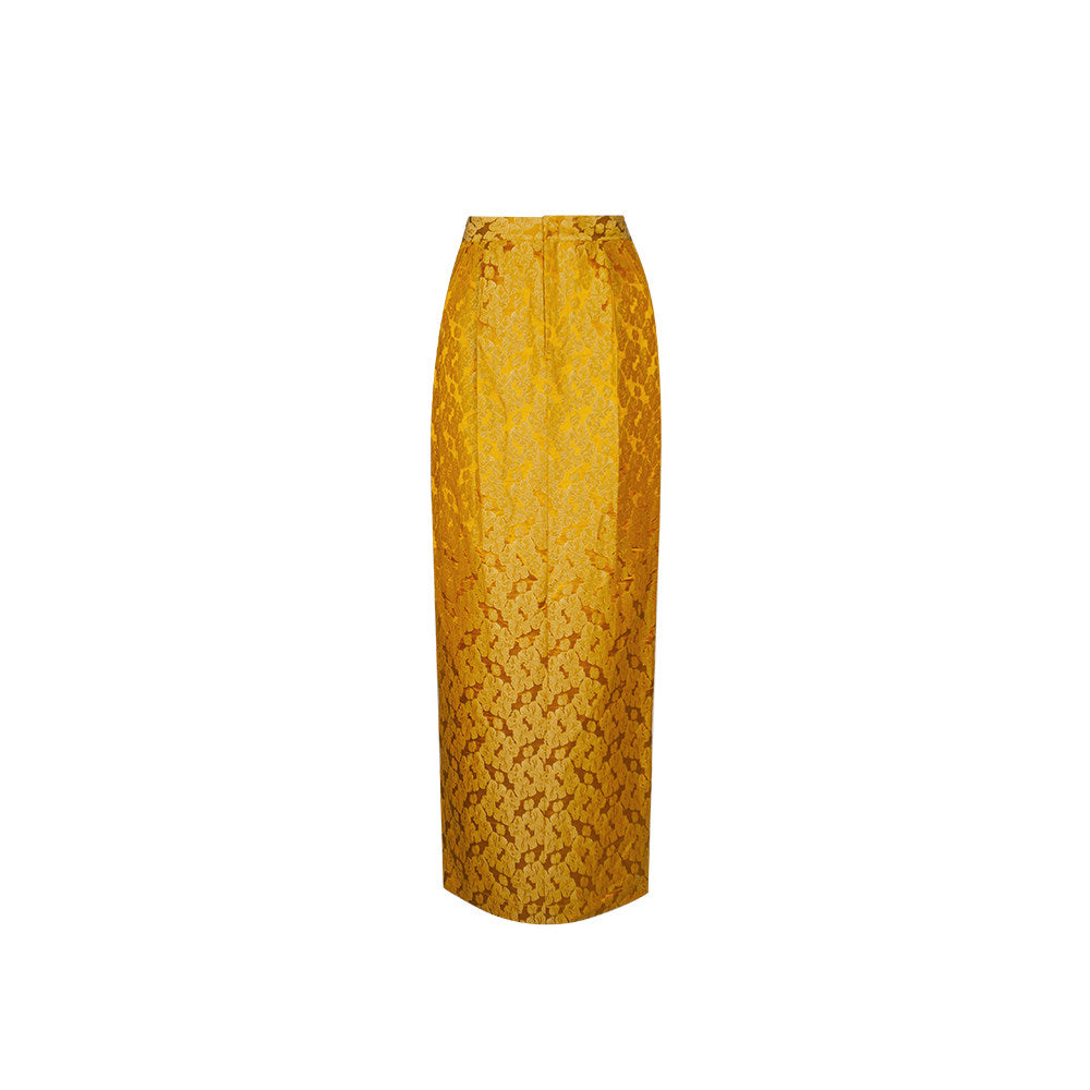 TUYUE Gold carving linen × mulberry silk high slit hip skirt- PRICILIA.