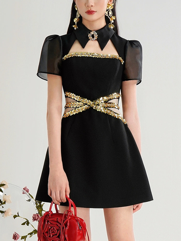 CHECOCRE Elegant Gold Sequence Hollow Black Short Dress - UNDER