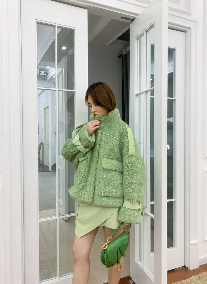 Wardrobes by Chen Elegant Deep Green Stand Collar Long Sleeve Thick Jacket-Pamela