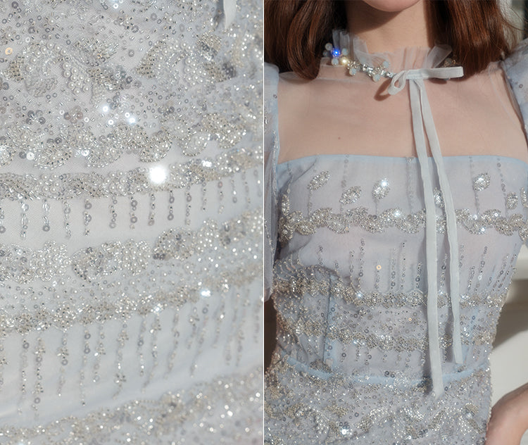 Wardrobes by Chen Luxury Blue Embroidered Crystal Pearl Dress-Bukky