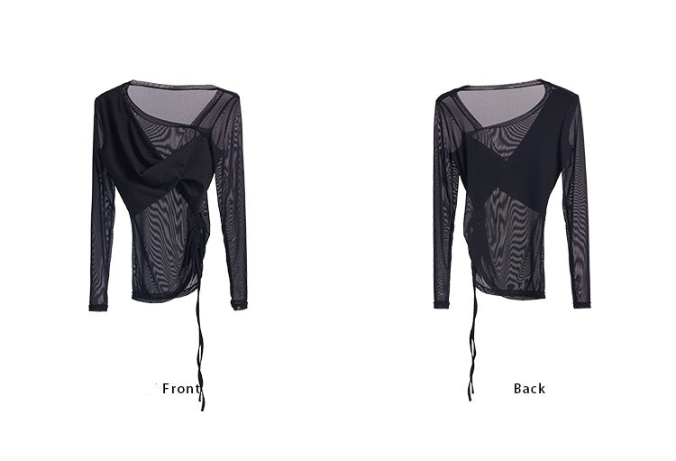 TINY IN black long sleeve slanted shoulder mesh sheer top-DORI