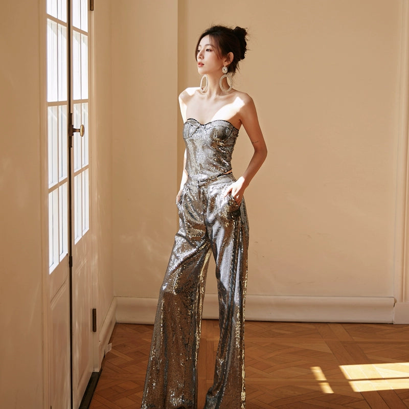 DOLLY Luxury Two Piece Sleeveless Sequin Tube Top + Long Sequin High Waist Flare Pants-THEA XS / Silver