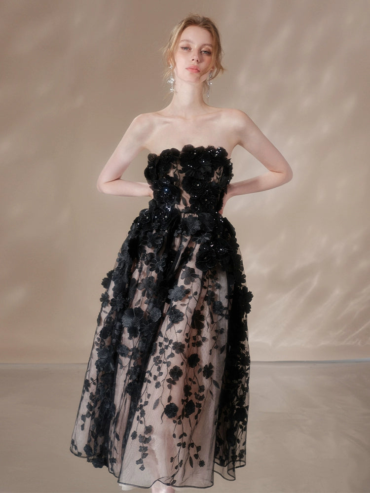 Wardrobes by Chen Luxury Black strapless Floral Hepburn style cocktail evening Dress-Blackie L / Black Wardrobes by Chen Luxury Black strapless Floral Hepburn style cocktail evening Dress-Blackie L / Black