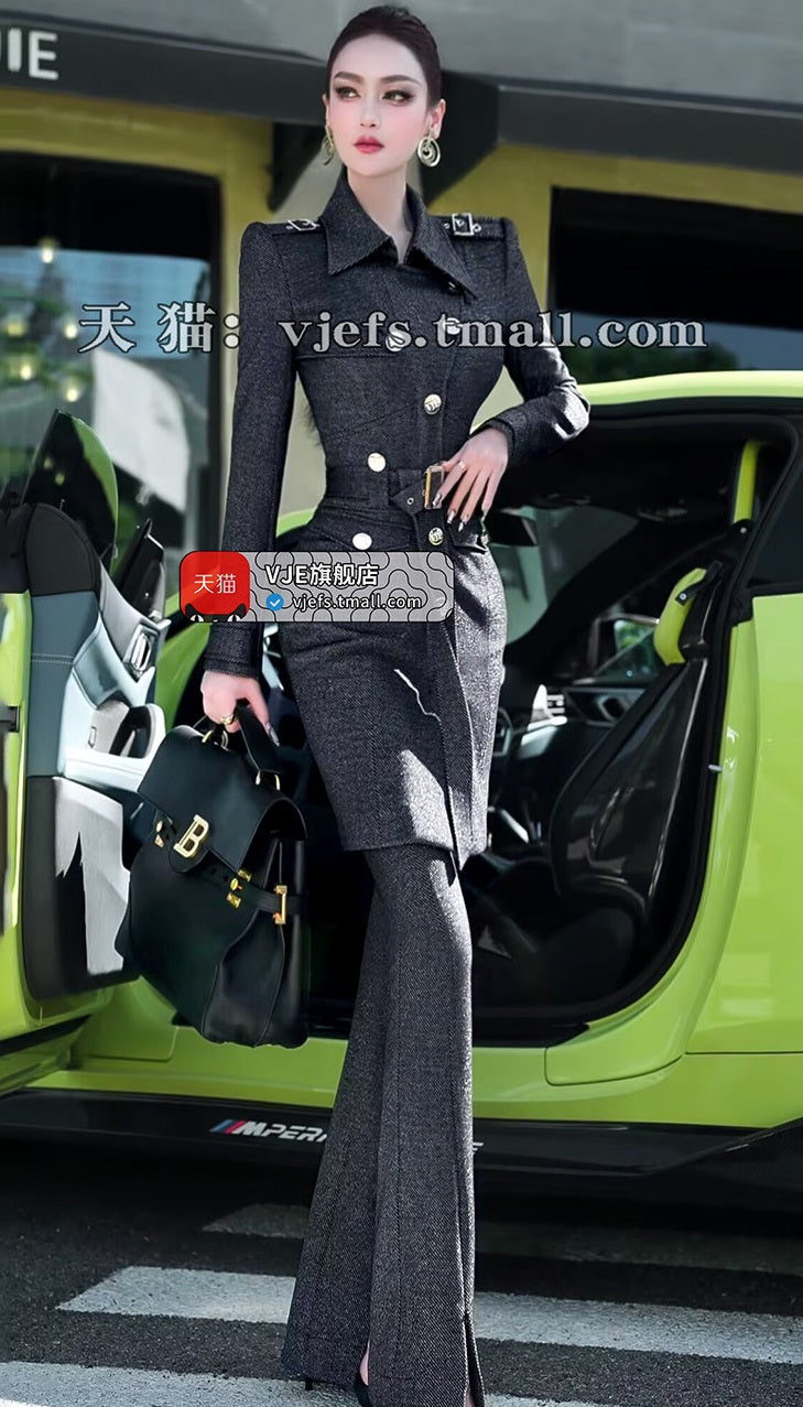 VJE slim trench coat jacket micro flared pants two-piece outfit set-YAN.