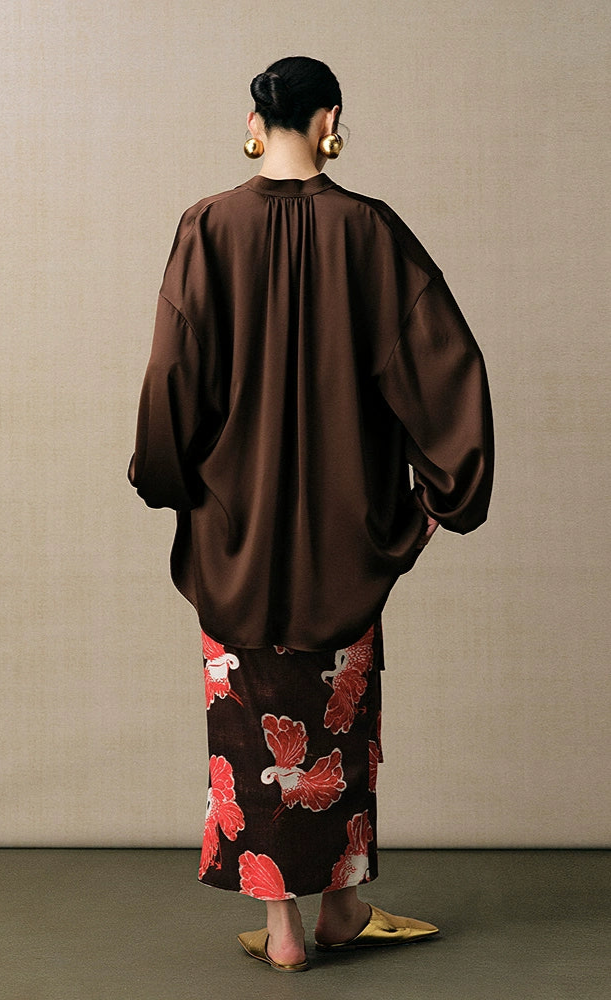 ZHUCHONGYUN Brown dropped shoulder loose voluminous-sleeved top-RYOUMEN.