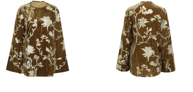 ZHUCHONGYUN brown floral long-sleeve round neckline shirt-KARMA.