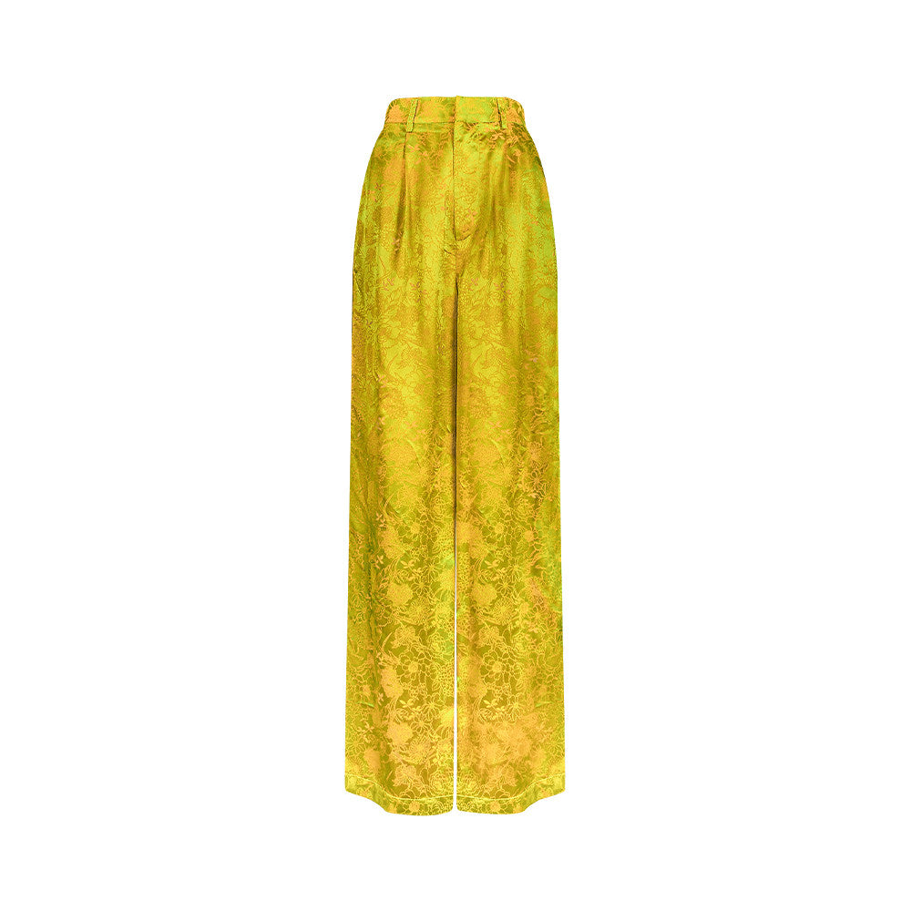 TUYUE yellow silk satin jacquard casual straight-leg pants - JAMAL.