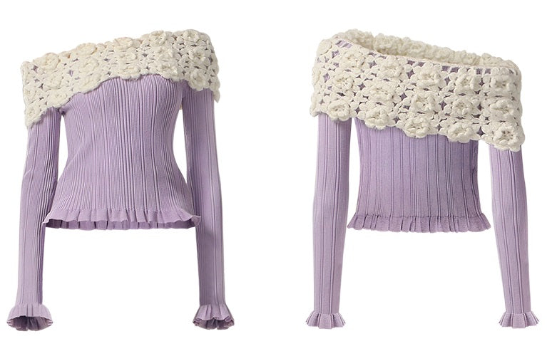 CHECOCRE Sophisticated Purple and white Women's Slim Slanted Shoulder Sweater- LUKE