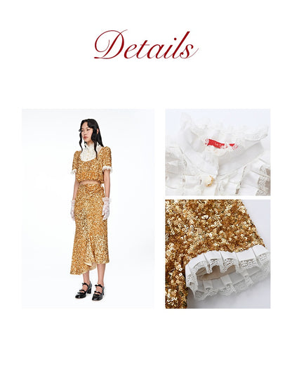 FAME gold sequins lace vintage stand collar holiday top skirt set - Mei